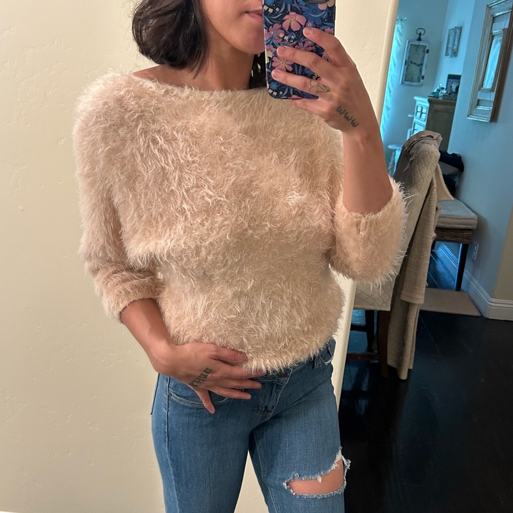 bebe Tan Fuzzy Knit Sweater Size S/P | Soft Textured